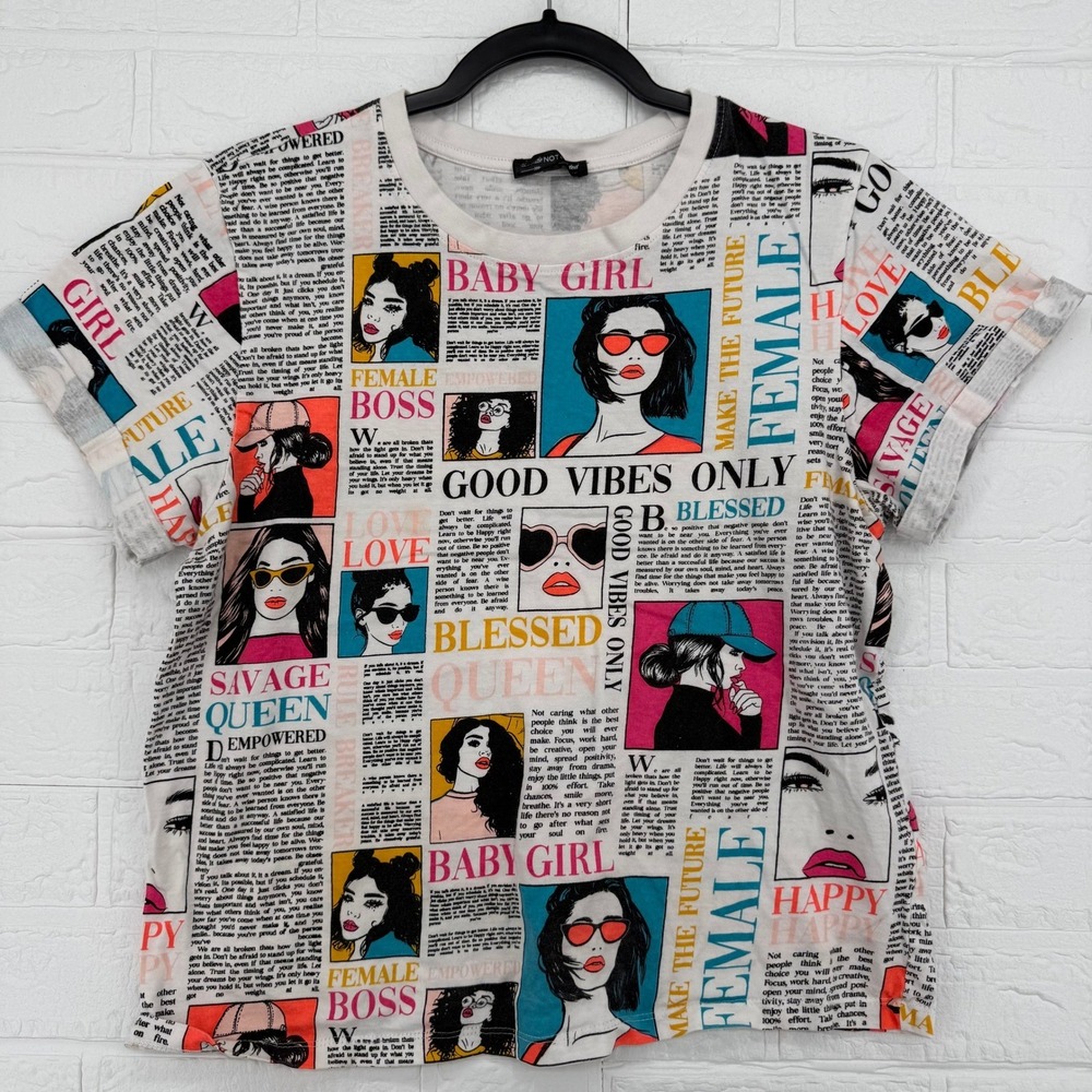 ATTITUDE NOT INCLUDED Shirt Womens L White All Over Print Newspaper Graphic Tee